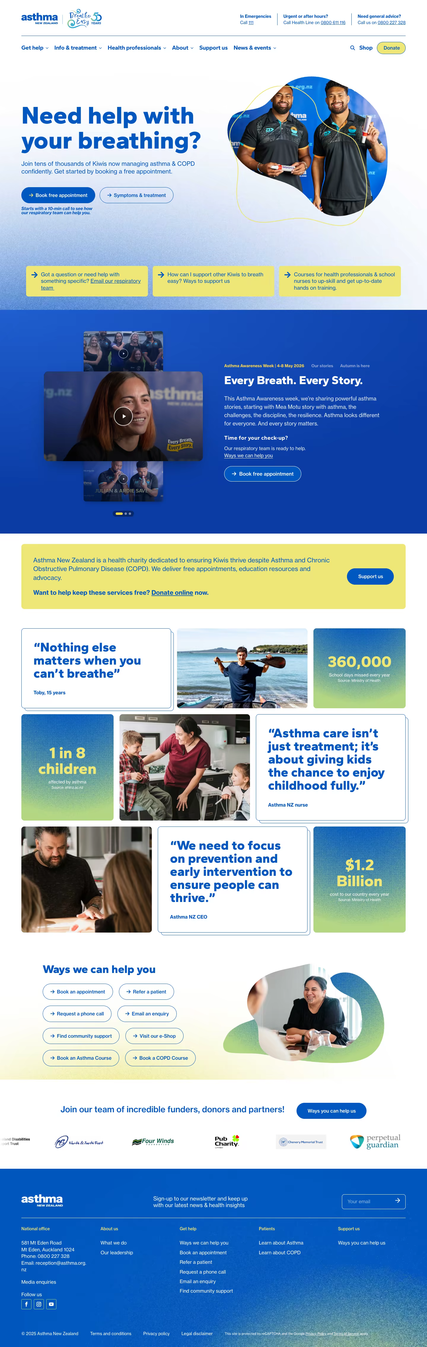 The full Asthma New Zealand home page (hover to scroll through it)