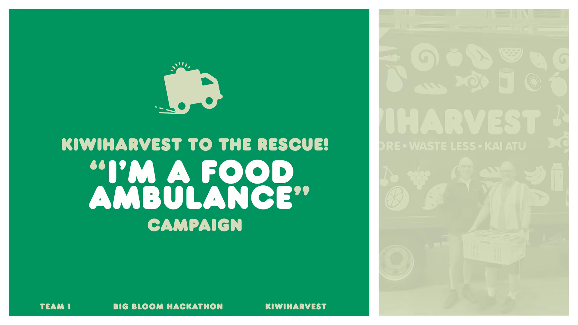 Pitch deck cover for KiwiHarvest's I'm a Food Ambulance campaign