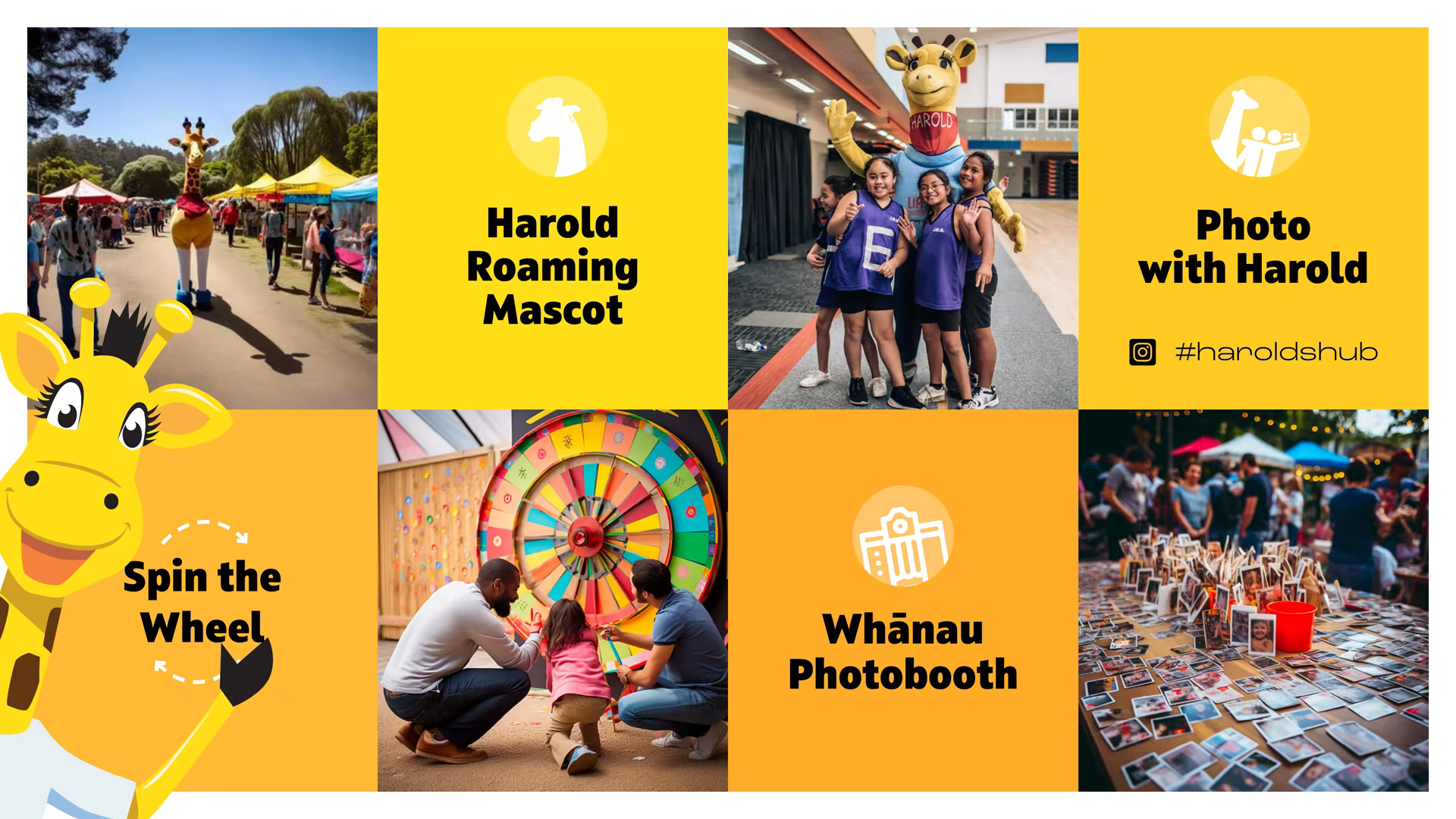 Harold's Hub activation tiles with roaming mascot, spin the wheel and whānau photobooth