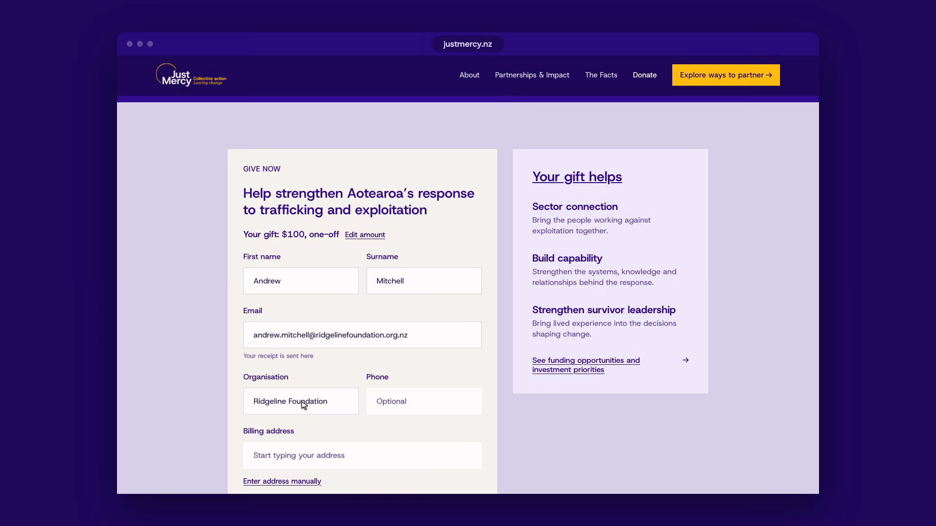 The donation form on justmercy.nz