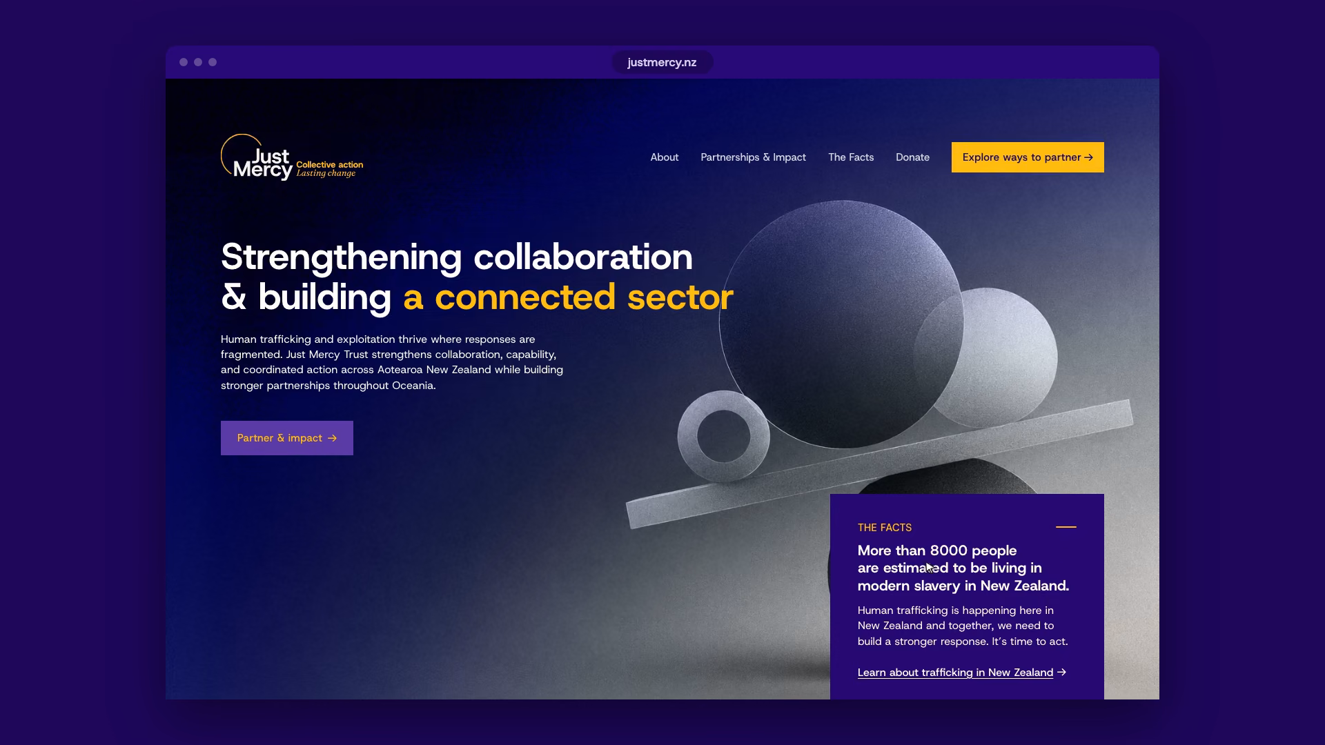 The justmercy.nz home page in a browser window on the brand purple