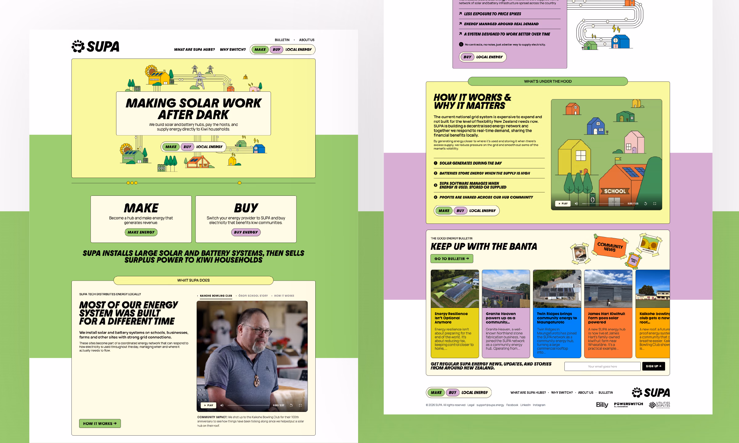 The rebuilt SUPA.energy website, home page top and lower sections